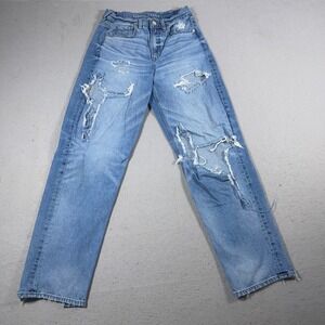 American Eagle Jeans Women 4 Super High Rise Baggy Straight Distressed Blue